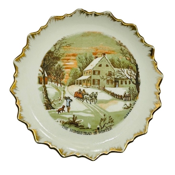 Vintage Set of 4 Gold Scalloped Edge Currier & Ives Dish Plates Made in Japan - Picture 6 of 6
